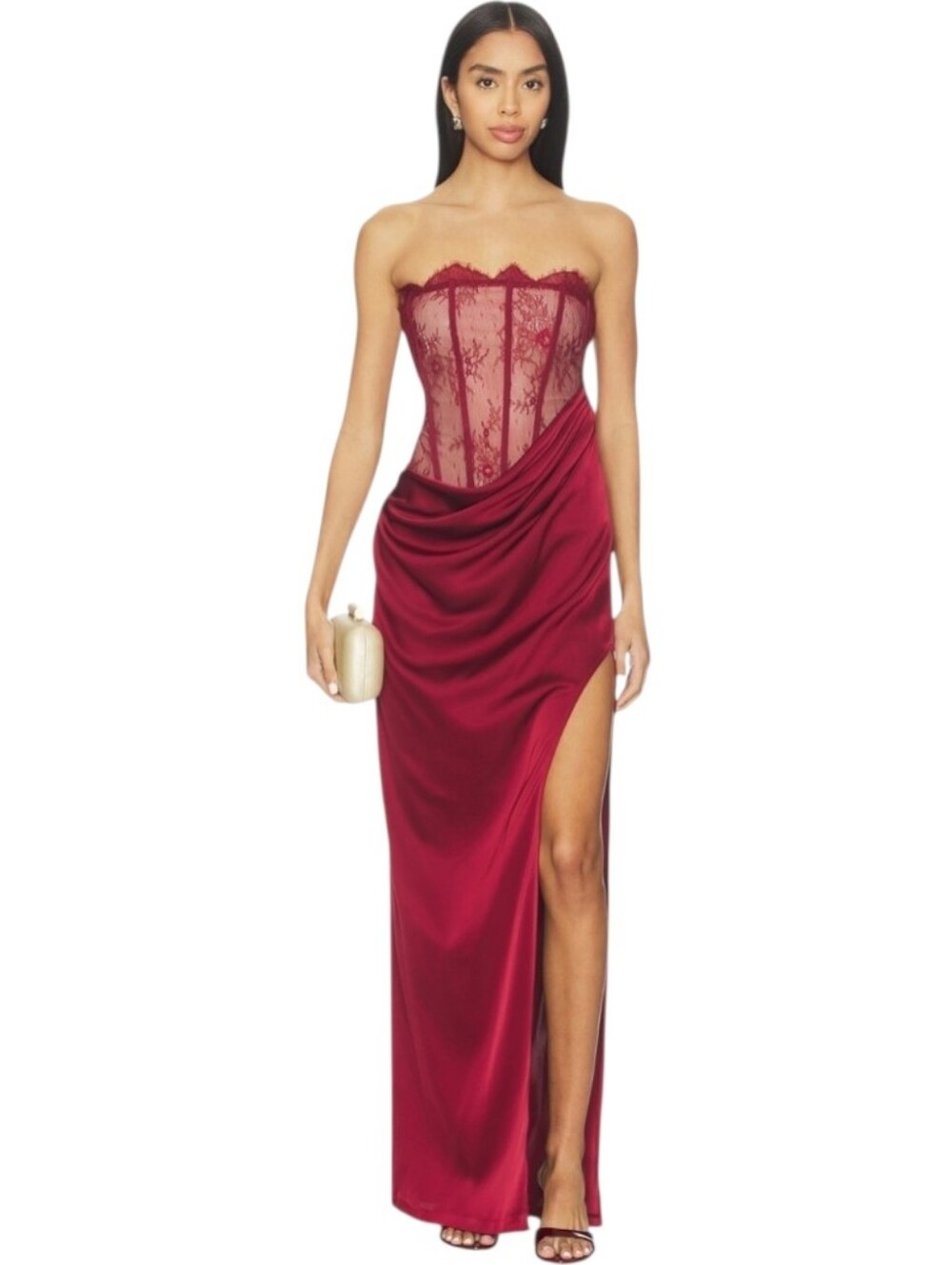 NBD Nalani Strapless Lace Corset Maxi Gown in Burgundy